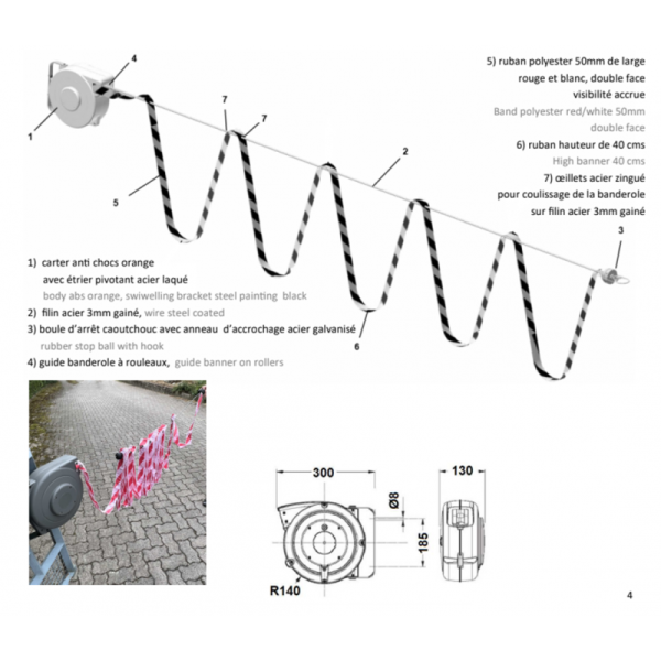 Enrouleur de balisage à banderole verticale rouge - blanche